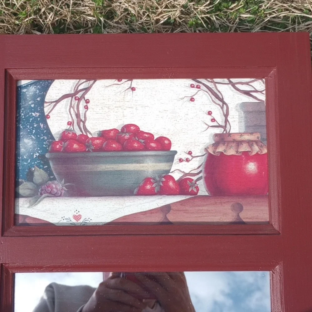 Wooden Wall Mirror w/ Strawberry Design. Red Green White Brown Tan Blue